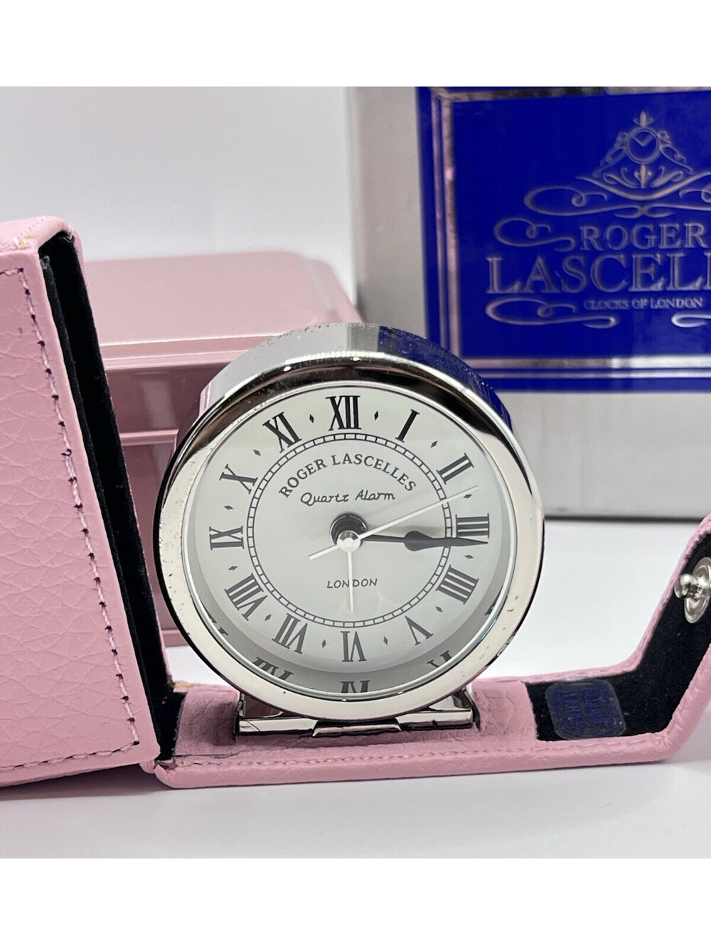 Roger Lascelles Vintage Clock Fold Away Alarm Leather Pink Case New Works 3113.2